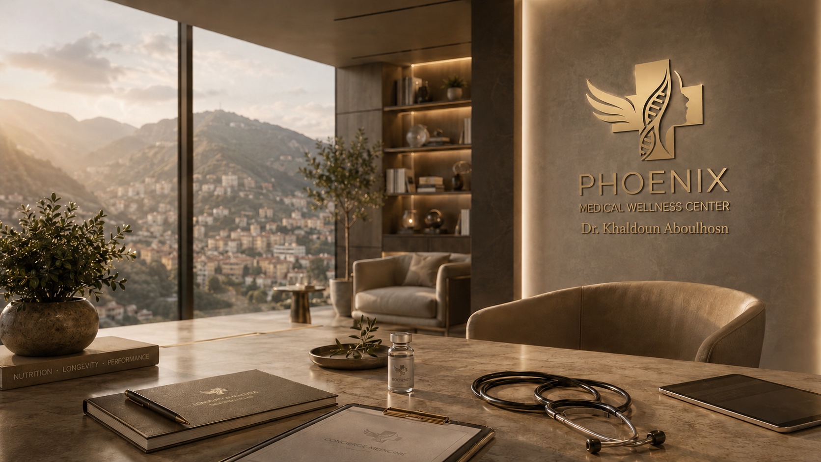 Phoenix Medical Wellness Center — interior view with Beirut hills beyond